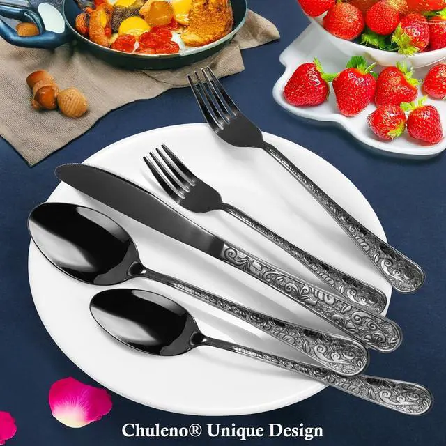 Alt view image 3 of 6 - Chuleno Vintage Floral Carved Black Silverware Set for 6, 30 Pieces Stainless Steel Flatware Set with Knife/Fork/Spoon, Cutlery Set for Home and Kitchen, Mirror Polished Utensil Set for Gift