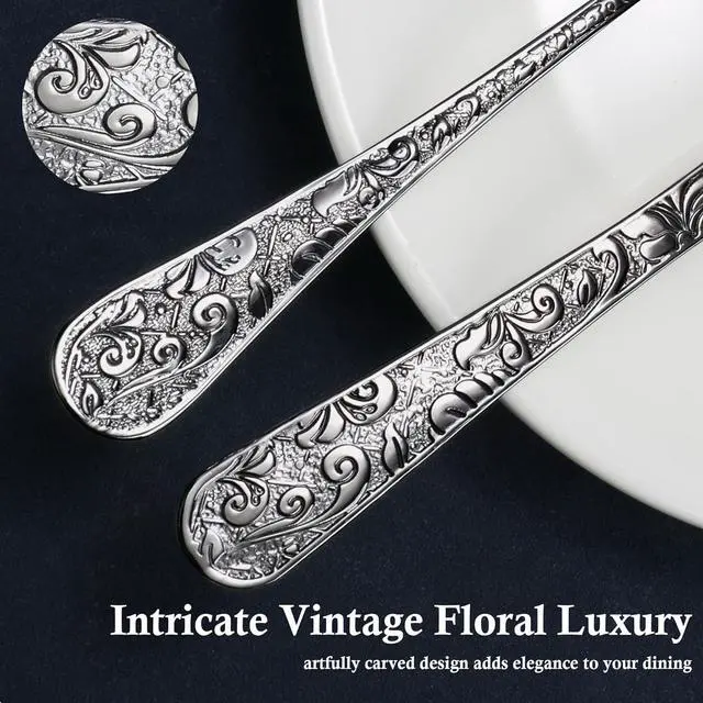 Alt view image 2 of 6 - Chuleno Vintage Floral Carved Black Silverware Set for 6, 30 Pieces Stainless Steel Flatware Set with Knife/Fork/Spoon, Cutlery Set for Home and Kitchen, Mirror Polished Utensil Set for Gift