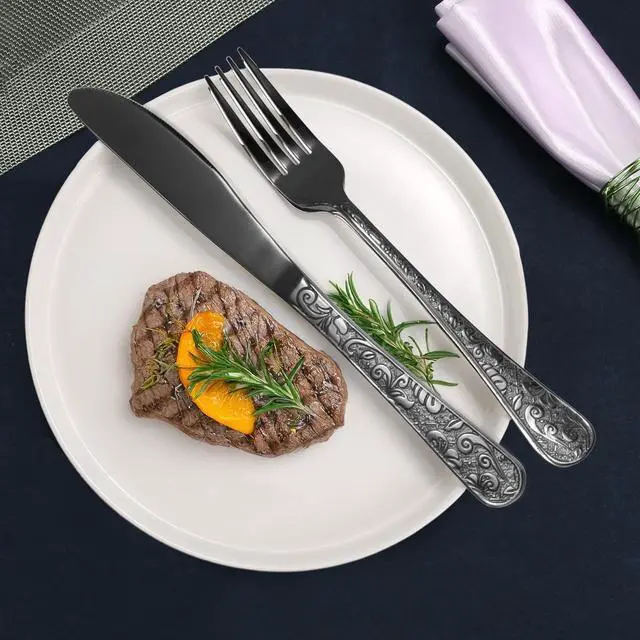 Alt view image 5 of 6 - Chuleno Vintage Floral Carved Black Silverware Set for 6, 30 Pieces Stainless Steel Flatware Set with Knife/Fork/Spoon, Cutlery Set for Home and Kitchen, Mirror Polished Utensil Set for Gift