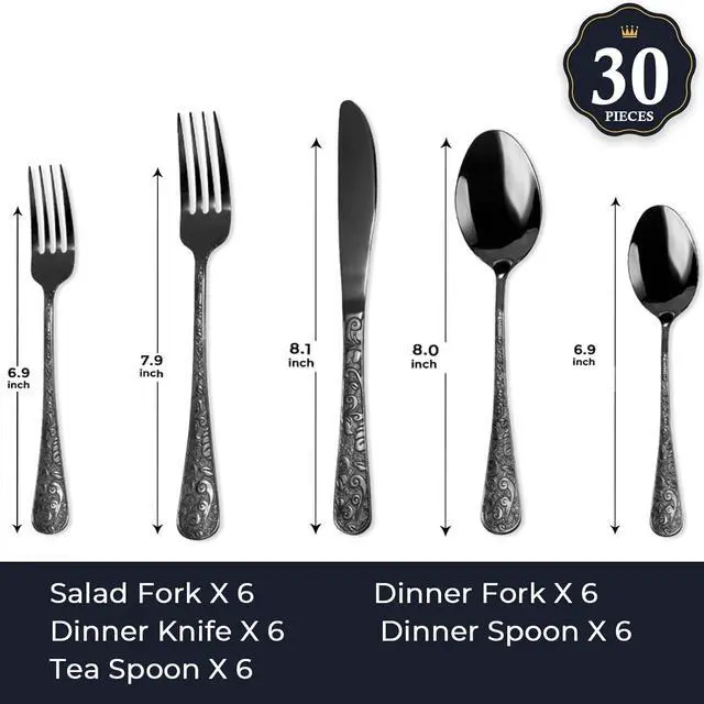 Alt view image 6 of 6 - Chuleno Vintage Floral Carved Black Silverware Set for 6, 30 Pieces Stainless Steel Flatware Set with Knife/Fork/Spoon, Cutlery Set for Home and Kitchen, Mirror Polished Utensil Set for Gift