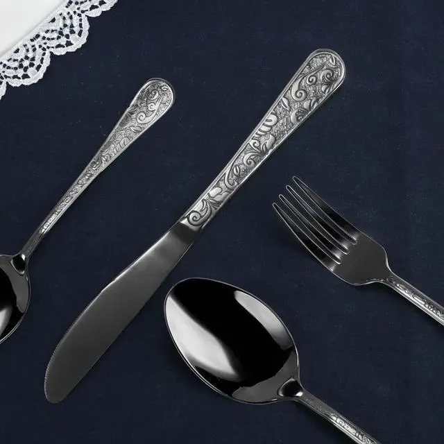 Alt view image 4 of 6 - Chuleno Vintage Floral Carved Black Silverware Set for 6, 30 Pieces Stainless Steel Flatware Set with Knife/Fork/Spoon, Cutlery Set for Home and Kitchen, Mirror Polished Utensil Set for Gift