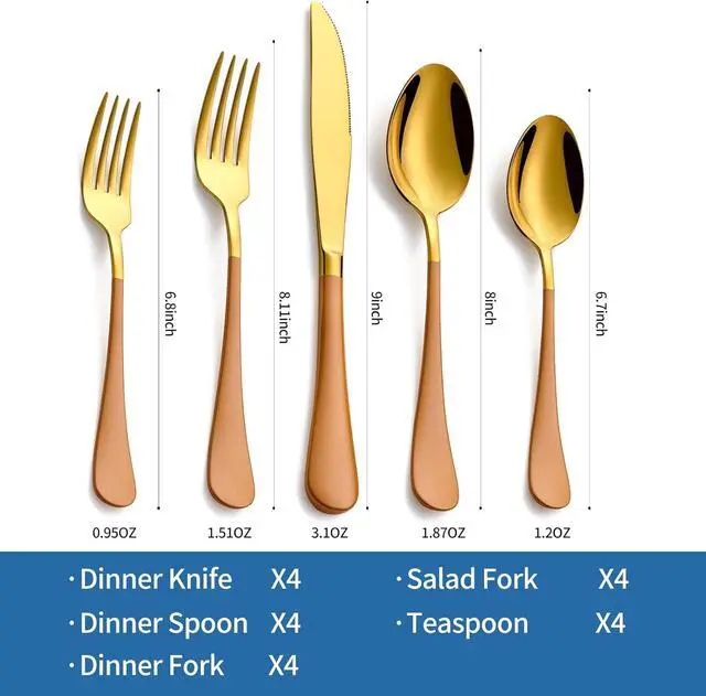 Alt view image 2 of 6 - 20-Piece Orange & Gold Silverware Set, 18/0 Stainless Steel Colorful Handle Flatware Set,Service for 4,Modern Cutlery Set Includes Dinner Knives Forks Spoons,Mirror Polished,Dishwasher Safe