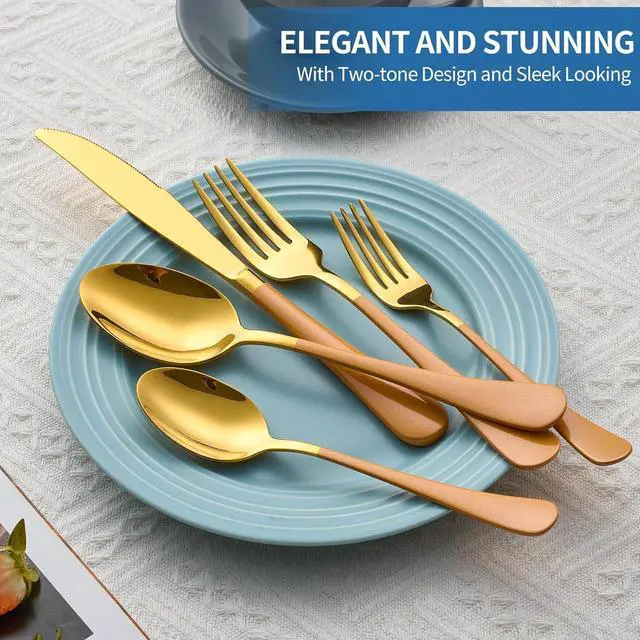 Alt view image 3 of 6 - 20-Piece Orange & Gold Silverware Set, 18/0 Stainless Steel Colorful Handle Flatware Set,Service for 4,Modern Cutlery Set Includes Dinner Knives Forks Spoons,Mirror Polished,Dishwasher Safe