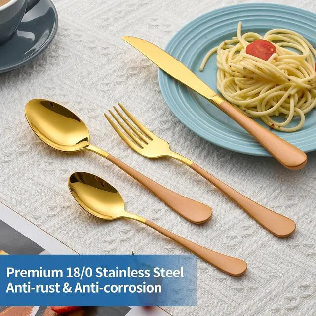 Alt view image 4 of 6 - 20-Piece Orange & Gold Silverware Set, 18/0 Stainless Steel Colorful Handle Flatware Set,Service for 4,Modern Cutlery Set Includes Dinner Knives Forks Spoons,Mirror Polished,Dishwasher Safe