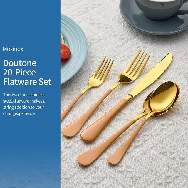 Alt view image 6 of 6 - 20-Piece Orange & Gold Silverware Set, 18/0 Stainless Steel Colorful Handle Flatware Set,Service for 4,Modern Cutlery Set Includes Dinner Knives Forks Spoons,Mirror Polished,Dishwasher Safe