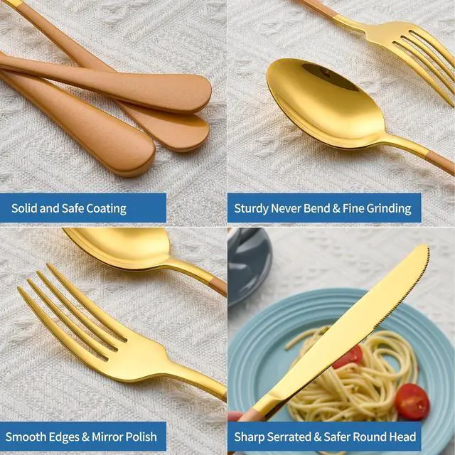 Alt view image 5 of 6 - 20-Piece Orange & Gold Silverware Set, 18/0 Stainless Steel Colorful Handle Flatware Set,Service for 4,Modern Cutlery Set Includes Dinner Knives Forks Spoons,Mirror Polished,Dishwasher Safe