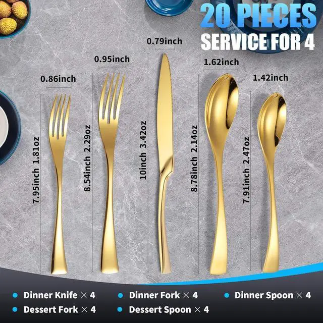 Alt view image 3 of 7 - 20-Piece Gold Silverware Set for 4,Heavy Duty 18/10 Stainless Steel Cutlery Set with Forged Stand Knife,Modern Flatware Utensils Set,Forks Spoons and Knives Set,Mirror Polished,Dishwasher Safe