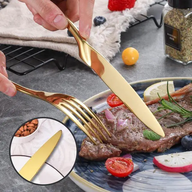 Alt view image 6 of 7 - 20-Piece Gold Silverware Set for 4,Heavy Duty 18/10 Stainless Steel Cutlery Set with Forged Stand Knife,Modern Flatware Utensils Set,Forks Spoons and Knives Set,Mirror Polished,Dishwasher Safe