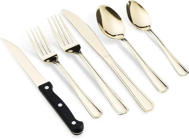 Main image of 24 Pcs Silverware Set with Steak Knives, 18/0 Stainless Steel Flatware Set for 4, High Mirror Polished Tableware Utensils Set, Include Knife Fork Spoon Set, Dishwasher Safe, Champagne Gold