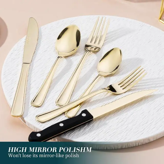 Alt view image 2 of 7 - 24 Pcs Silverware Set with Steak Knives, 18/0 Stainless Steel Flatware Set for 4, High Mirror Polished Tableware Utensils Set, Include Knife Fork Spoon Set, Dishwasher Safe, Champagne Gold