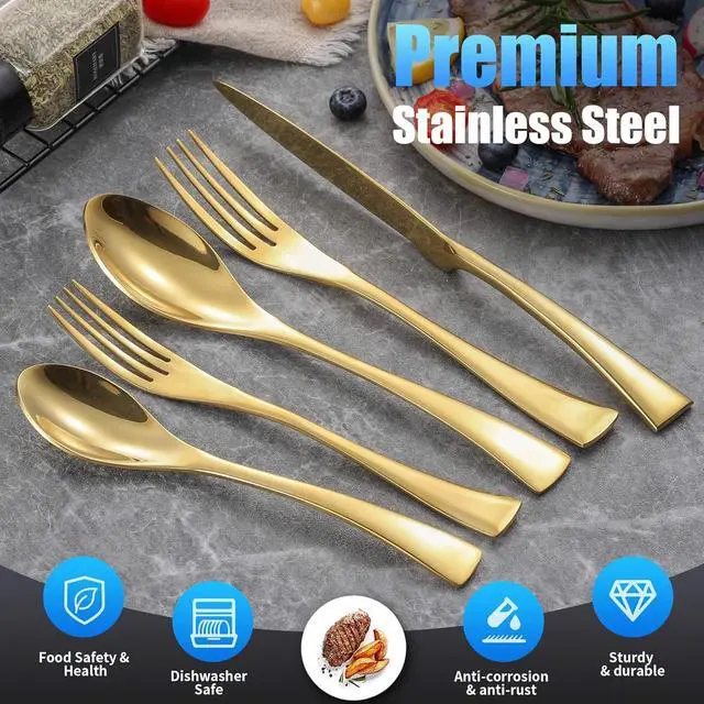 Alt view image 2 of 7 - 20-Piece Gold Silverware Set for 4,Heavy Duty 18/10 Stainless Steel Cutlery Set with Forged Stand Knife,Modern Flatware Utensils Set,Forks Spoons and Knives Set,Mirror Polished,Dishwasher Safe