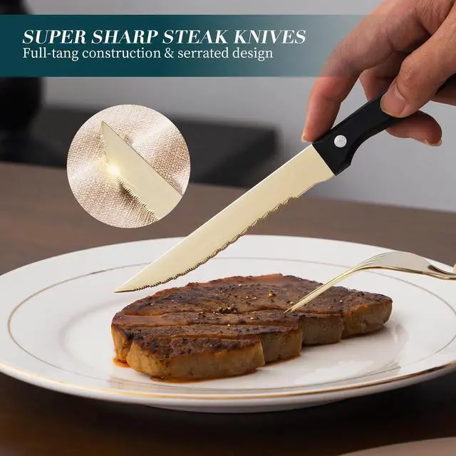 Alt view image 5 of 7 - 24 Pcs Silverware Set with Steak Knives, 18/0 Stainless Steel Flatware Set for 4, High Mirror Polished Tableware Utensils Set, Include Knife Fork Spoon Set, Dishwasher Safe, Champagne Gold