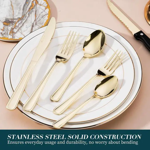 Alt view image 6 of 7 - 24 Pcs Silverware Set with Steak Knives, 18/0 Stainless Steel Flatware Set for 4, High Mirror Polished Tableware Utensils Set, Include Knife Fork Spoon Set, Dishwasher Safe, Champagne Gold