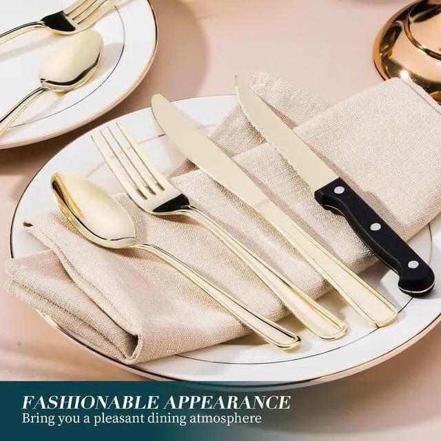 Alt view image 7 of 7 - 24 Pcs Silverware Set with Steak Knives, 18/0 Stainless Steel Flatware Set for 4, High Mirror Polished Tableware Utensils Set, Include Knife Fork Spoon Set, Dishwasher Safe, Champagne Gold