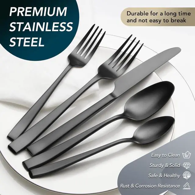 Alt view image 3 of 7 - Matte Black Silverware Set, EIUBUIE 40-Piece Premium Stainless Steel Black Cutlery Set for 8, Matte Flatware Sets, Kitchen Utensils Sets Include Forks Spoons Knives