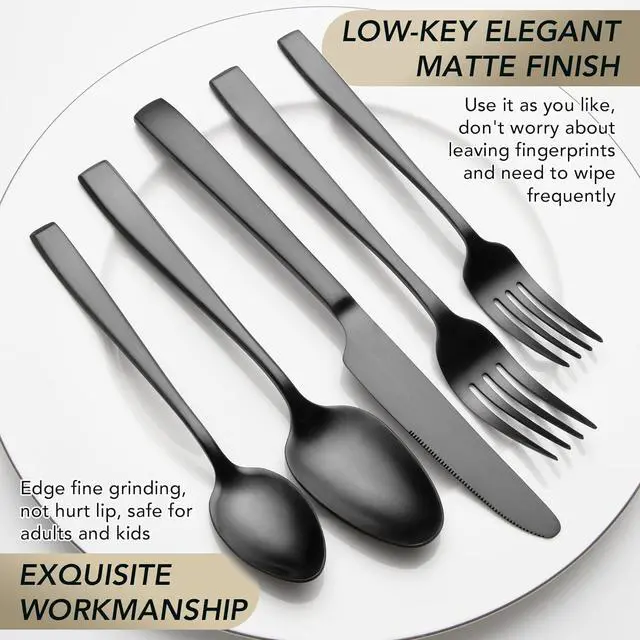 Alt view image 4 of 7 - Matte Black Silverware Set, EIUBUIE 40-Piece Premium Stainless Steel Black Cutlery Set for 8, Matte Flatware Sets, Kitchen Utensils Sets Include Forks Spoons Knives