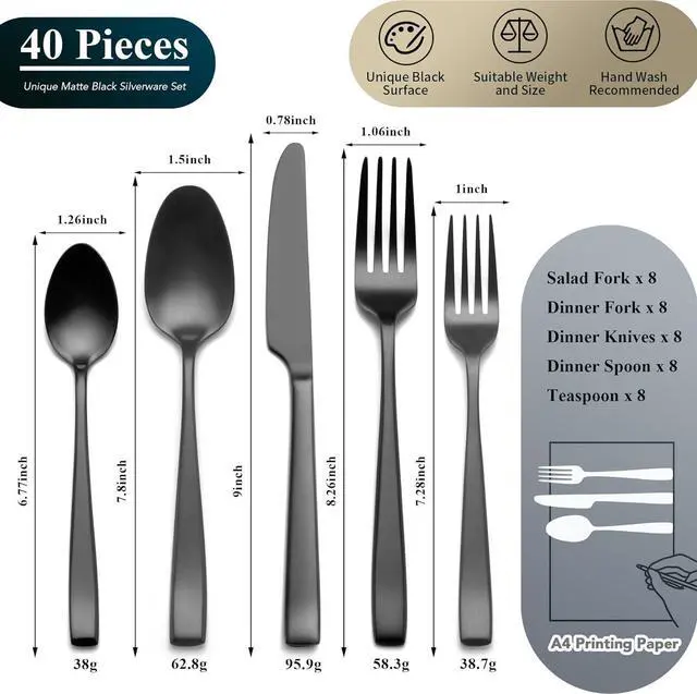 Alt view image 6 of 7 - Matte Black Silverware Set, EIUBUIE 40-Piece Premium Stainless Steel Black Cutlery Set for 8, Matte Flatware Sets, Kitchen Utensils Sets Include Forks Spoons Knives
