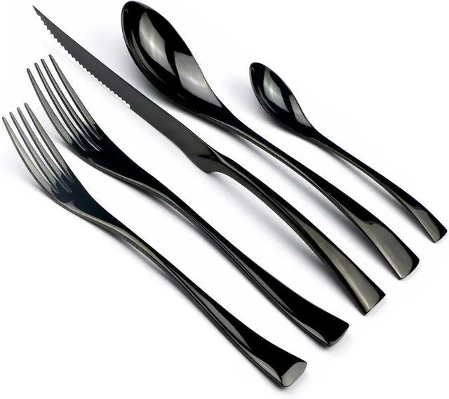 Main image of 20-Piece 18/10 Stainless Steel Serrated Steak Knife Flatware Set, Mirror Polishing Black, Service for 4