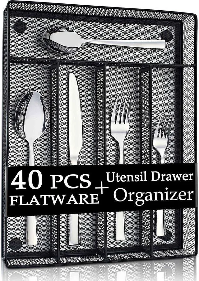Main image of LIANYU 40-Piece Silverware Set with Drawer Organizer Set for 8, Stainless Steel Square Flatware Cutlery Set for 8, Kitchen Party Restaurant Eating Utensils Tableware, Mirror Polished, Dishwasher Safe