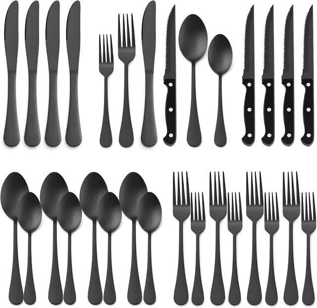 Main image of E-far 24-Piece Black Silverware Set with Steak Knives, Stainless Steel Flatware Cutlery Set for 4, Matte Black Metal Eating Utensils Sets Include Forks and Spoons Knife, Modern Design & Rust Proof