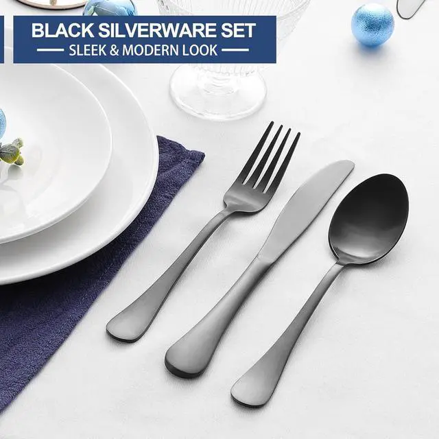 Alt view image 3 of 7 - E-far 24-Piece Black Silverware Set with Steak Knives, Stainless Steel Flatware Cutlery Set for 4, Matte Black Metal Eating Utensils Sets Include Forks and Spoons Knife, Modern Design & Rust Proof