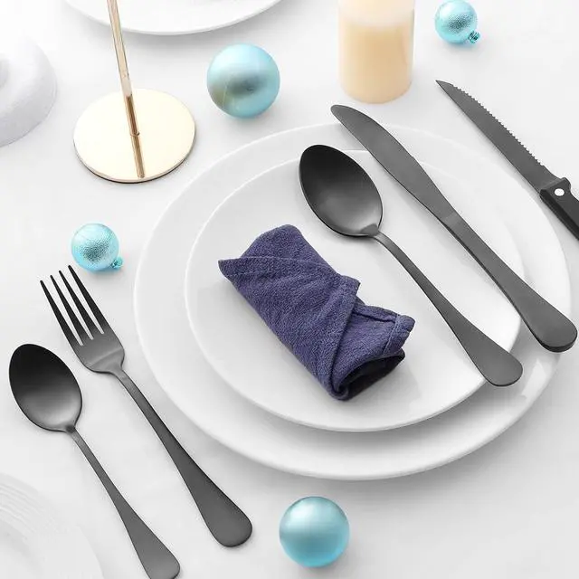 Alt view image 4 of 7 - E-far 24-Piece Black Silverware Set with Steak Knives, Stainless Steel Flatware Cutlery Set for 4, Matte Black Metal Eating Utensils Sets Include Forks and Spoons Knife, Modern Design & Rust Proof