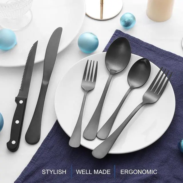 Alt view image 5 of 7 - E-far 24-Piece Black Silverware Set with Steak Knives, Stainless Steel Flatware Cutlery Set for 4, Matte Black Metal Eating Utensils Sets Include Forks and Spoons Knife, Modern Design & Rust Proof