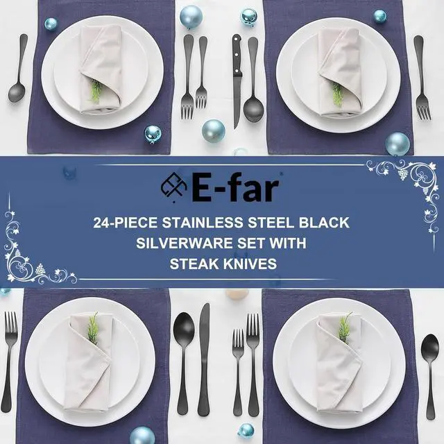 Alt view image 7 of 7 - E-far 24-Piece Black Silverware Set with Steak Knives, Stainless Steel Flatware Cutlery Set for 4, Matte Black Metal Eating Utensils Sets Include Forks and Spoons Knife, Modern Design & Rust Proof