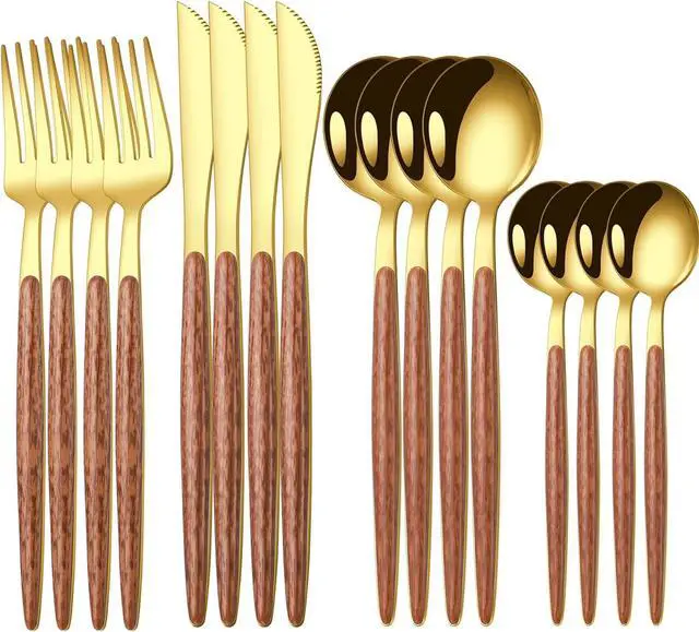 Main image of 16 Pcs Gold Silverware Set with Simulated Wooden Handle for 4,Stainless Steel Cutlery Set,Mirror Polished Tableware Utensils Flatware Set,Include Knives Spoons and Forks set,Dishwasher Safe