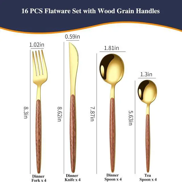 Alt view image 2 of 7 - 16 Pcs Gold Silverware Set with Simulated Wooden Handle for 4,Stainless Steel Cutlery Set,Mirror Polished Tableware Utensils Flatware Set,Include Knives Spoons and Forks set,Dishwasher Safe