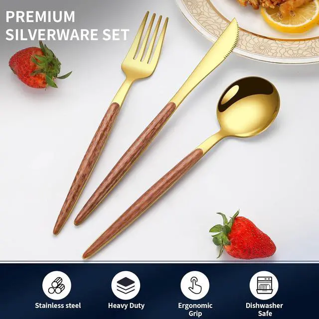 Alt view image 3 of 7 - 16 Pcs Gold Silverware Set with Simulated Wooden Handle for 4,Stainless Steel Cutlery Set,Mirror Polished Tableware Utensils Flatware Set,Include Knives Spoons and Forks set,Dishwasher Safe