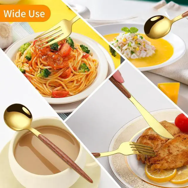 Alt view image 5 of 7 - 16 Pcs Gold Silverware Set with Simulated Wooden Handle for 4,Stainless Steel Cutlery Set,Mirror Polished Tableware Utensils Flatware Set,Include Knives Spoons and Forks set,Dishwasher Safe