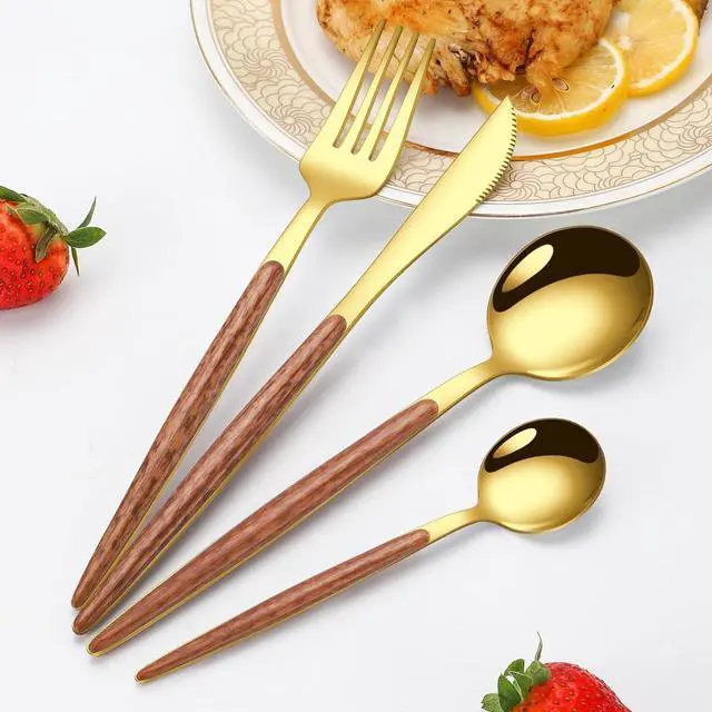 Alt view image 6 of 7 - 16 Pcs Gold Silverware Set with Simulated Wooden Handle for 4,Stainless Steel Cutlery Set,Mirror Polished Tableware Utensils Flatware Set,Include Knives Spoons and Forks set,Dishwasher Safe