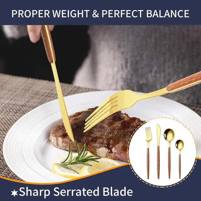 Alt view image 4 of 7 - 16 Pcs Gold Silverware Set with Simulated Wooden Handle for 4,Stainless Steel Cutlery Set,Mirror Polished Tableware Utensils Flatware Set,Include Knives Spoons and Forks set,Dishwasher Safe