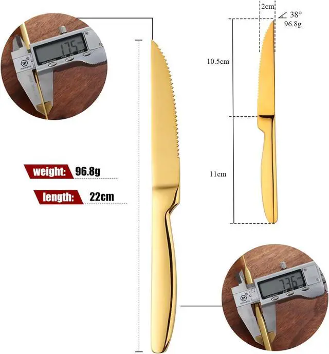 Alt view image 2 of 6 - Steak Knife Set, 4-Piece Serrated Steak Cutlery Steak Knife, Gold Stainless Steel Steak Cutlery Knife for Home, Restaurant, Hotel, 22cm