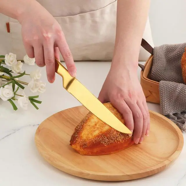 Alt view image 6 of 6 - Steak Knife Set, 4-Piece Serrated Steak Cutlery Steak Knife, Gold Stainless Steel Steak Cutlery Knife for Home, Restaurant, Hotel, 22cm