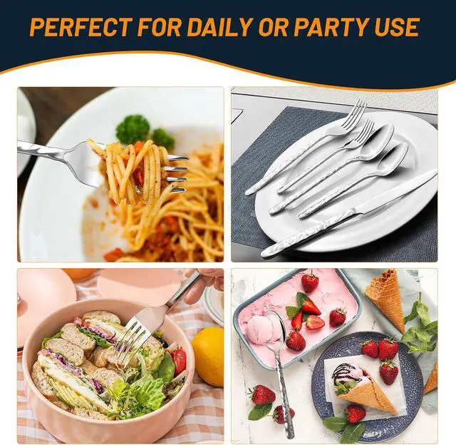 Alt view image 6 of 7 - 60 Piece Silverware Set for 12, Food-Grade Stainless Steel Utensils Set Includes Spoons Forks Knives, Sturdy Home Kitchen Eating Tableware Set,Wave Style Design & Mirror Polished - Dishwasher Safe