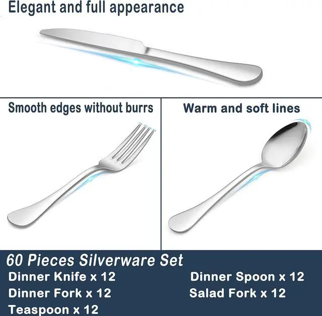 Alt view image 3 of 6 - HaWare 18/10 Silverware Set, 60-Piece Stainless Steel Flatware Service for 12, Luxury Cutlery with Ultra Sharp Serrated Knife, Modern Eating Utensil Include Fork Spoon, Dishwasher Safe