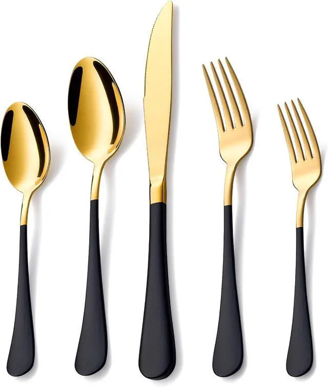 Main image of 20 Piece Gold and Black 18/0 Flatware Utensil Set for 4, Include Dinner Knife,Dinner Forks,Dinner Spoons,Salad Forks,Teaspoons,Silverware Set for 4, Dishwasher Safe