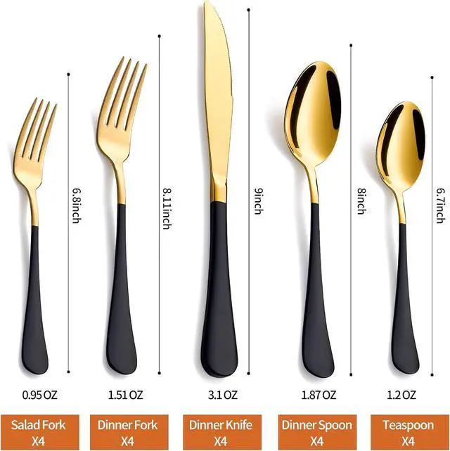 Alt view image 2 of 7 - 20 Piece Gold and Black 18/0 Flatware Utensil Set for 4, Include Dinner Knife,Dinner Forks,Dinner Spoons,Salad Forks,Teaspoons,Silverware Set for 4, Dishwasher Safe