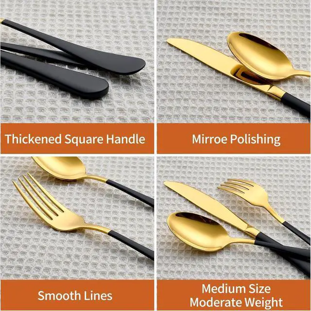 Alt view image 3 of 7 - 20 Piece Gold and Black 18/0 Flatware Utensil Set for 4, Include Dinner Knife,Dinner Forks,Dinner Spoons,Salad Forks,Teaspoons,Silverware Set for 4, Dishwasher Safe