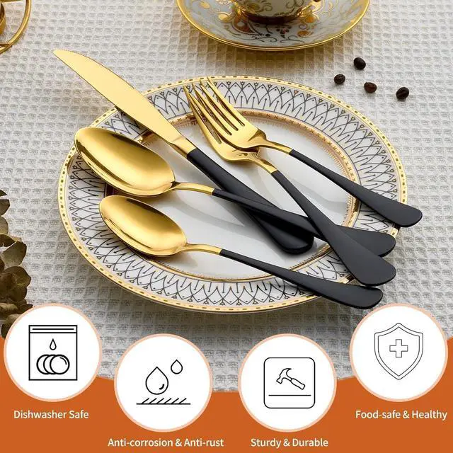 Alt view image 4 of 7 - 20 Piece Gold and Black 18/0 Flatware Utensil Set for 4, Include Dinner Knife,Dinner Forks,Dinner Spoons,Salad Forks,Teaspoons,Silverware Set for 4, Dishwasher Safe