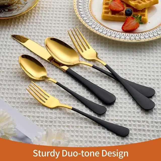 Alt view image 5 of 7 - 20 Piece Gold and Black 18/0 Flatware Utensil Set for 4, Include Dinner Knife,Dinner Forks,Dinner Spoons,Salad Forks,Teaspoons,Silverware Set for 4, Dishwasher Safe
