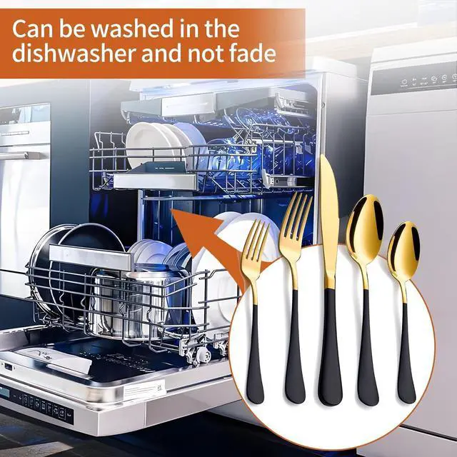 Alt view image 6 of 7 - 20 Piece Gold and Black 18/0 Flatware Utensil Set for 4, Include Dinner Knife,Dinner Forks,Dinner Spoons,Salad Forks,Teaspoons,Silverware Set for 4, Dishwasher Safe