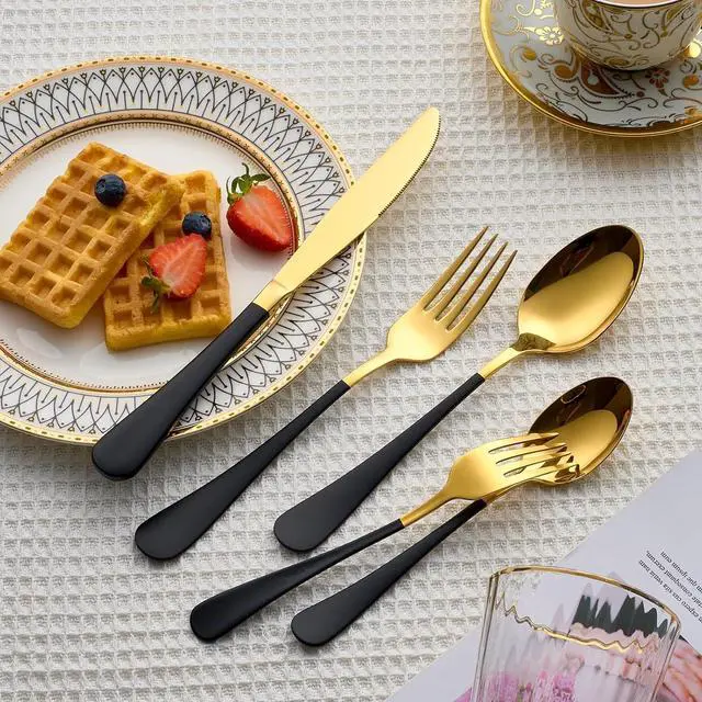 Alt view image 7 of 7 - 20 Piece Gold and Black 18/0 Flatware Utensil Set for 4, Include Dinner Knife,Dinner Forks,Dinner Spoons,Salad Forks,Teaspoons,Silverware Set for 4, Dishwasher Safe