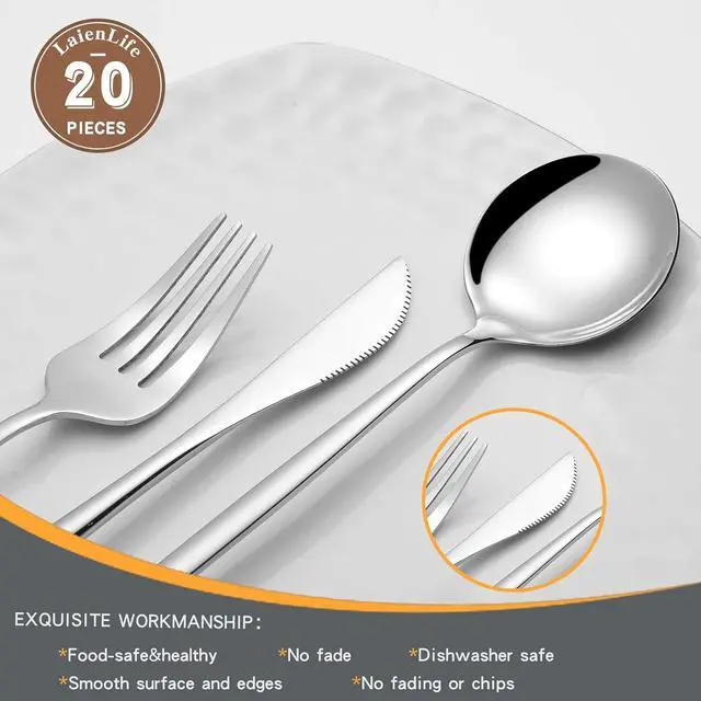 Alt view image 4 of 6 - Mirror Modern Flatware Set for 4, 20-Piece Stainless Steel Silverware Set, LaienLife Unique Utensils with Long Forks Spoons and Knives Sets, Great for Home and Restaurant, Dishwasher Safe - Silver