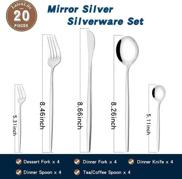 Alt view image 2 of 6 - Mirror Modern Flatware Set for 4, 20-Piece Stainless Steel Silverware Set, LaienLife Unique Utensils with Long Forks Spoons and Knives Sets, Great for Home and Restaurant, Dishwasher Safe - Silver