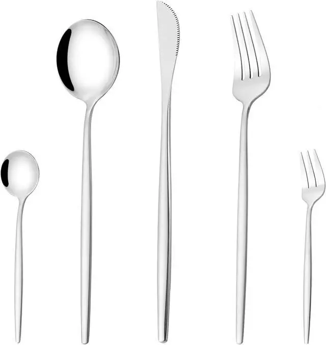 Main image of Mirror Modern Flatware Set for 4, 20-Piece Stainless Steel Silverware Set, LaienLife Unique Utensils with Long Forks Spoons and Knives Sets, Great for Home and Restaurant, Dishwasher Safe - Silver