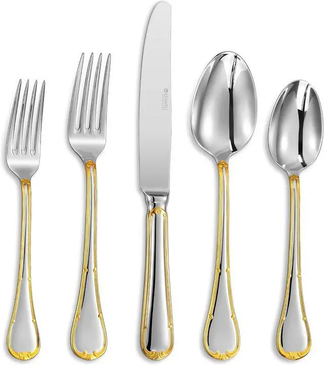 Main image of KEAWELL Elizabeth 20-Piece 18/10 Stainless Steel Flatware Set, Service for 4, Fine Silverware Set (Gold Accent), Dishwasher Safe, Mirror Polished
