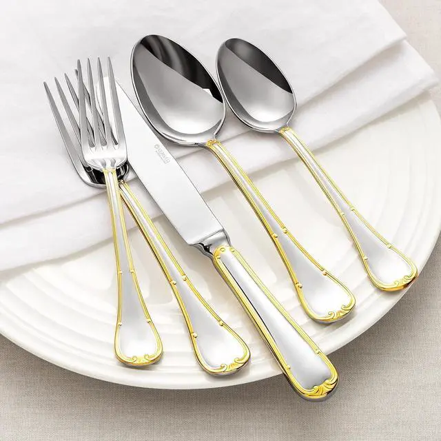 Alt view image 2 of 7 - KEAWELL Elizabeth 20-Piece 18/10 Stainless Steel Flatware Set, Service for 4, Fine Silverware Set (Gold Accent), Dishwasher Safe, Mirror Polished